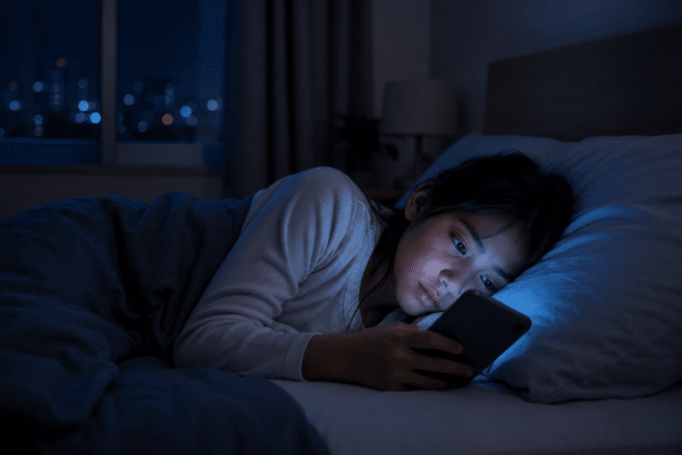 A person lies in bed at night, illuminated by the light from a smartphone screen, looking at the phone with a serious expression - How Screen Time Affects Sleep Quality