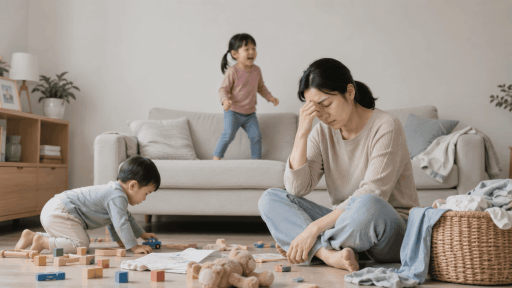 A tired woman sits on the floor with her hand on her head while two children play energetically in a messy living room - Parenting Burnout Is Real