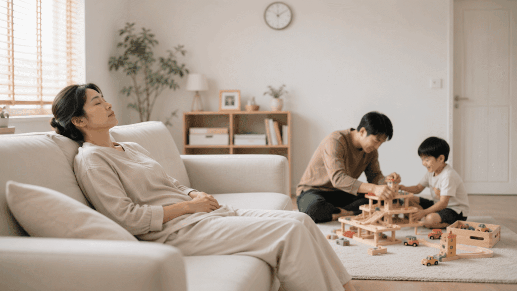 A woman rests on a sofa while a man and a child play with wooden toys on the floor in a living room - Parenting Burnout Is Real