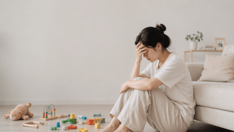 A woman sits on the floor by a couch, holding her head with her hand, looking stressed. There are toys scattered on the floor in front of her - Parenting Burnout Is Real